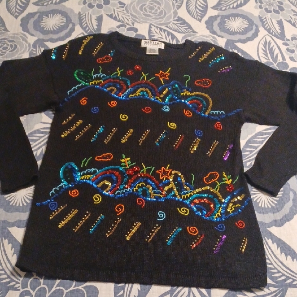 Vintage Sequined Sweater Dress Medium 80s Style Party Ramie Cotton Blend Beads